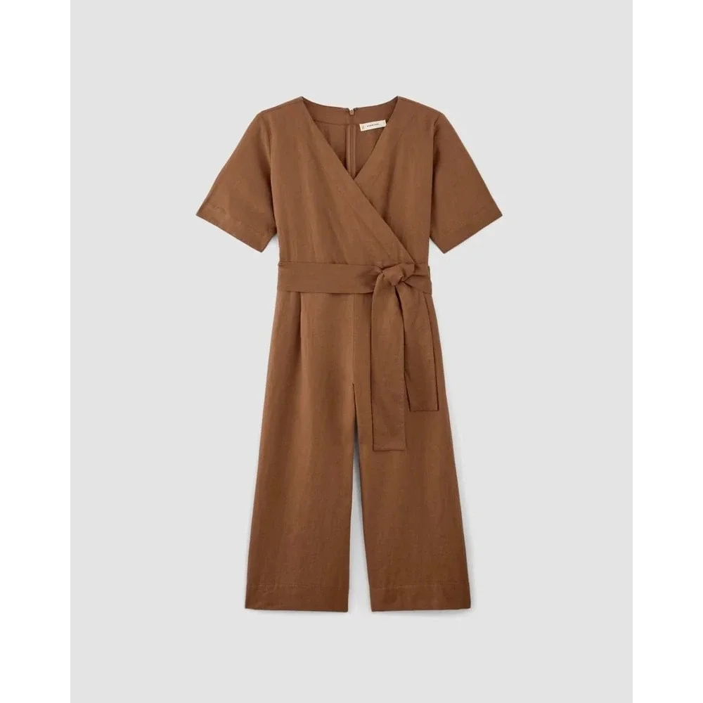 Everlane The Wrap Jumpsuit Brown Linen Blend Wrap V-Neck Wide Leg Belted Size 0
